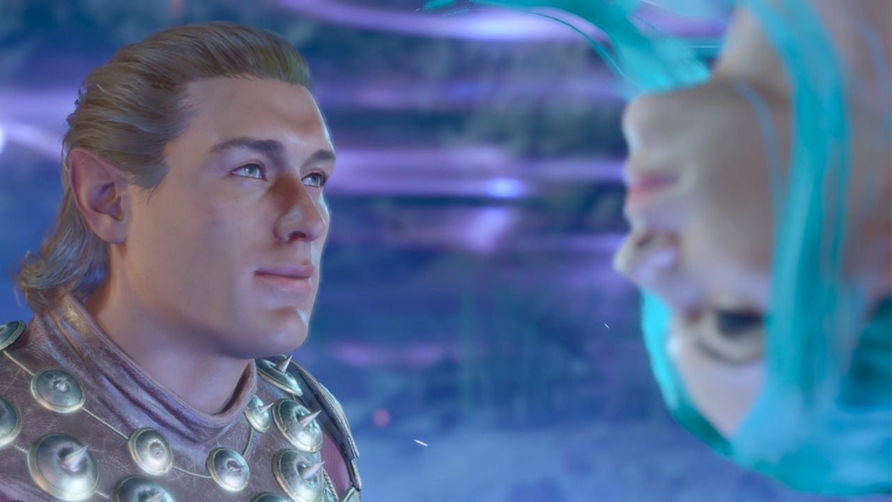 Man with pointy ears staring at a woman floating upside down in BG3