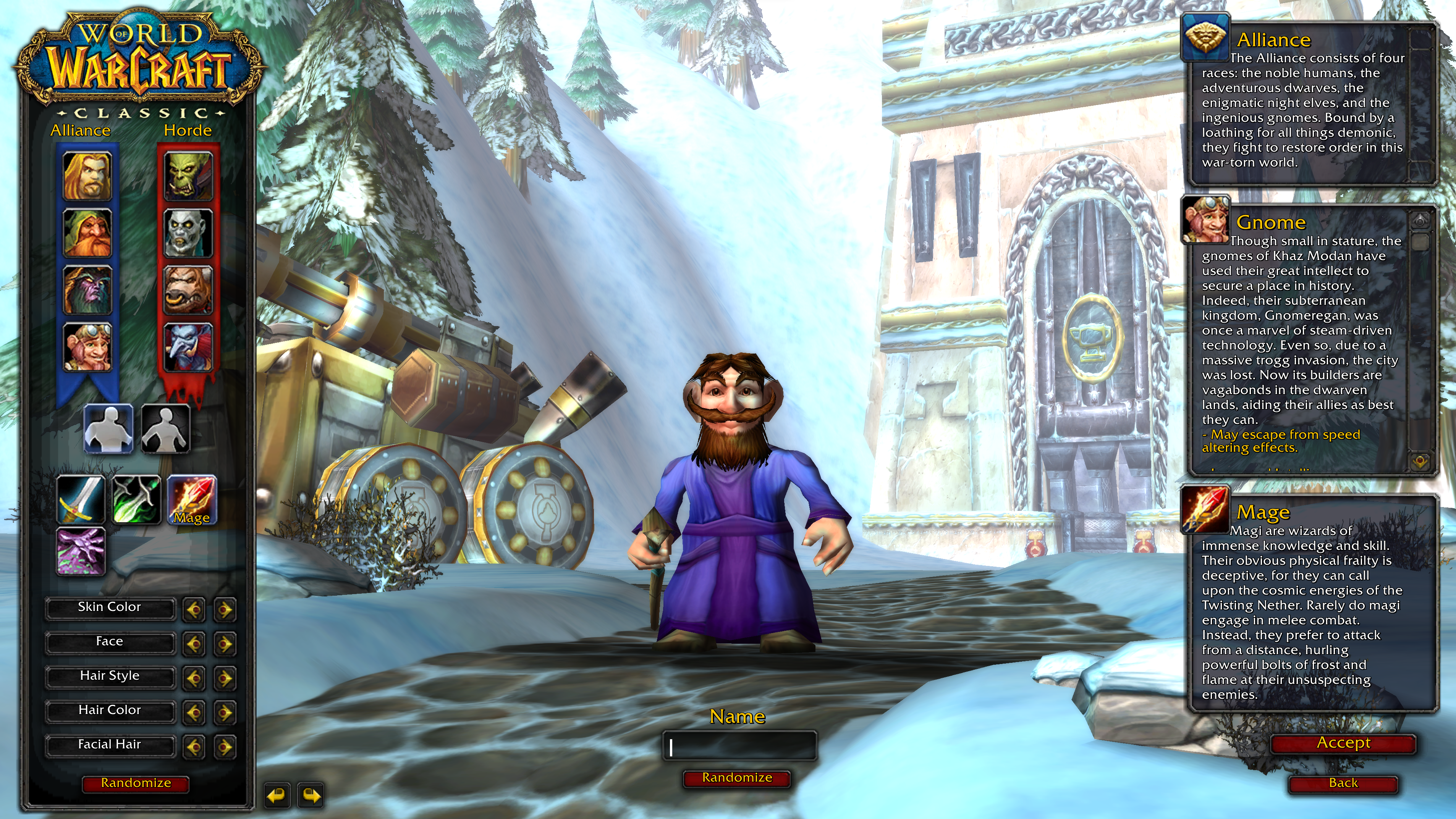 In-game WoW Classic screenshot of a Gnome Mage being created in the character select screen.