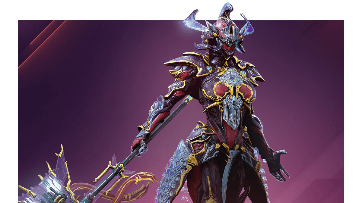 An image showing Gara Prime with her default colors over a pink-purple background.