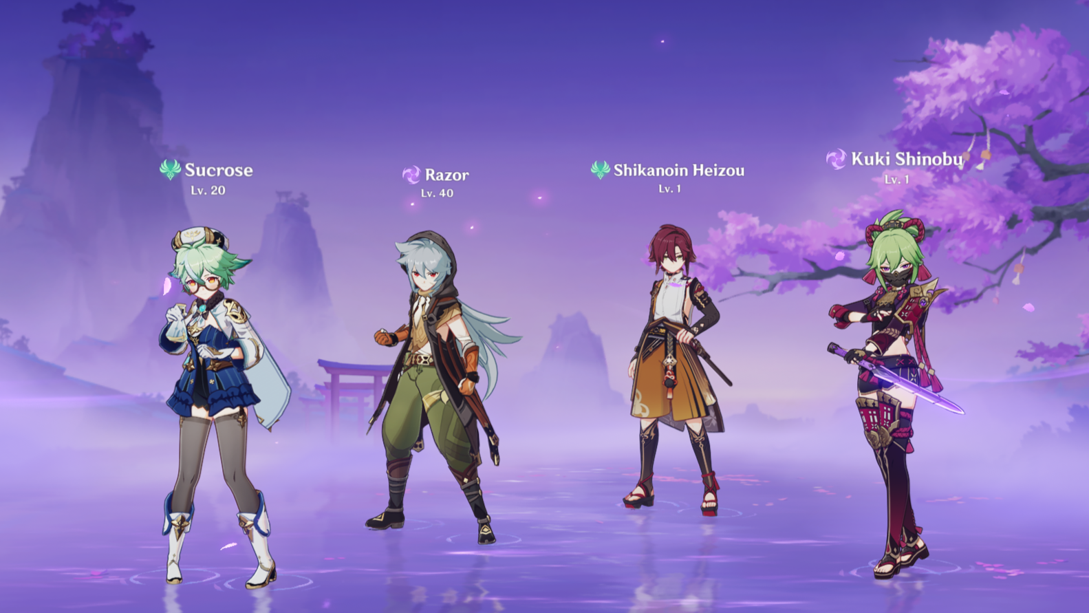 A team setup on the Electro Inazuma background.