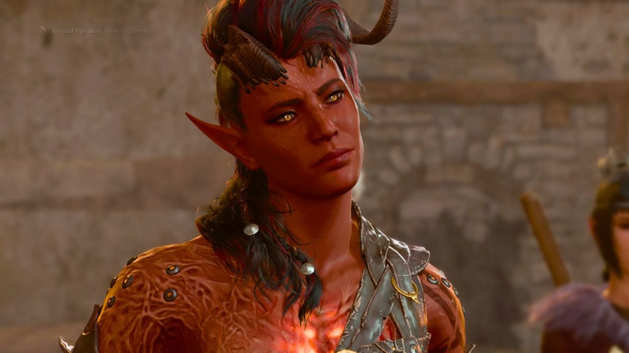 Woman with red skin, pointy ears, and horns in BG3