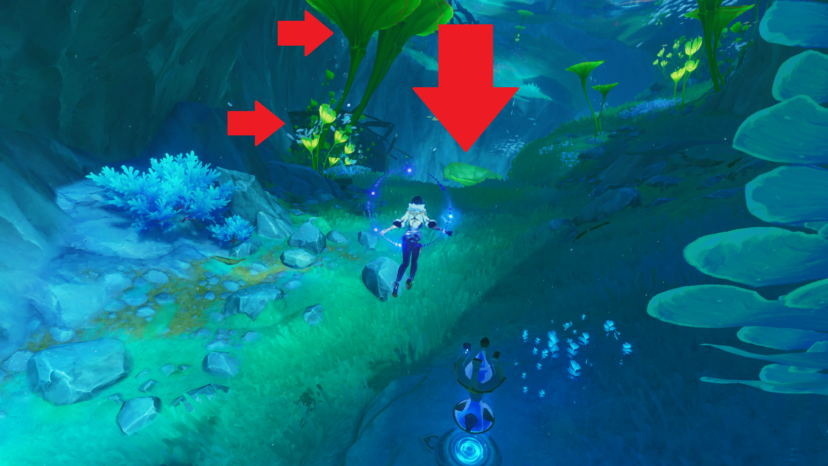 Yelan swimming underwater toward a trench.