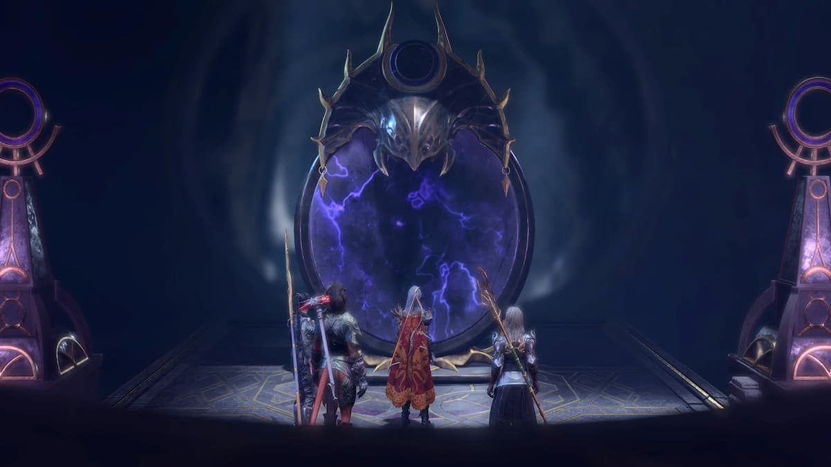 Three characters standing in front of a large violet mirror in Baldur's Gate 3