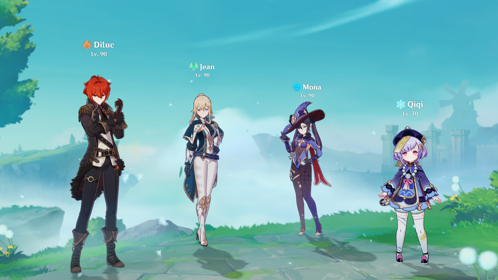 A team setup on the Anemo Mondstadt background.