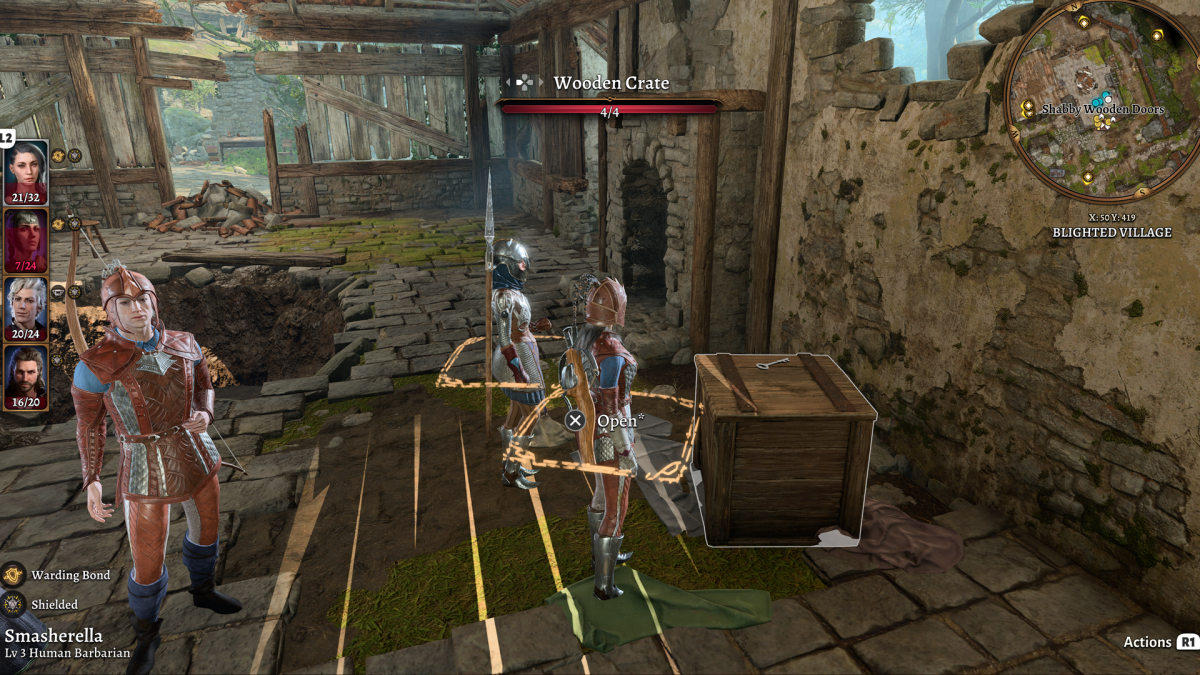 A group of adventurers stand among the ruins of an old cabin.