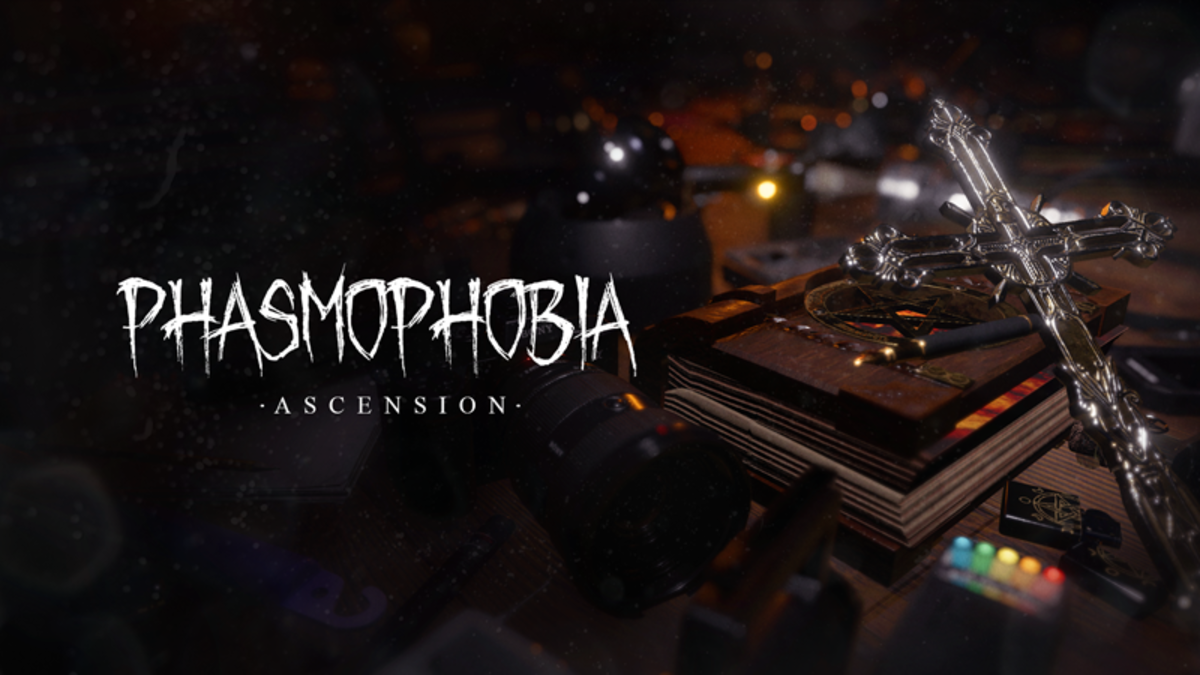 A EMF reader, Crucifix, and ghost writing book sitting on a table by the Phasmophobia Ascension logo.