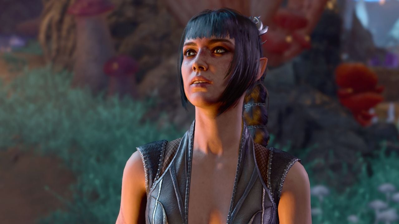 Woman with black hair and leather clothing staring at the stars in BG3