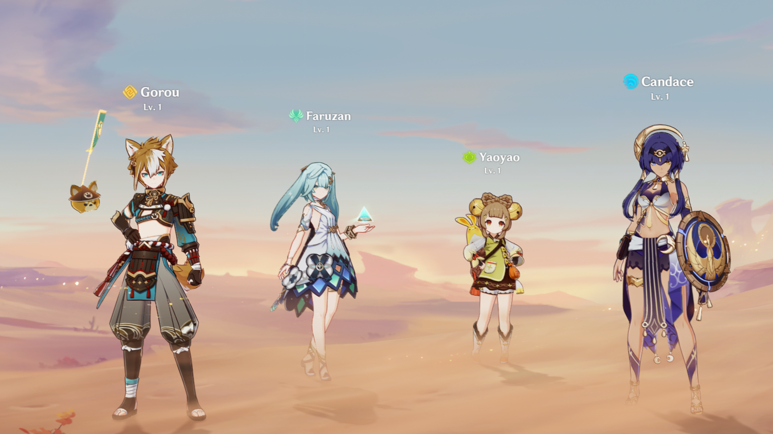 A team setup on the Desert Sumeru background.