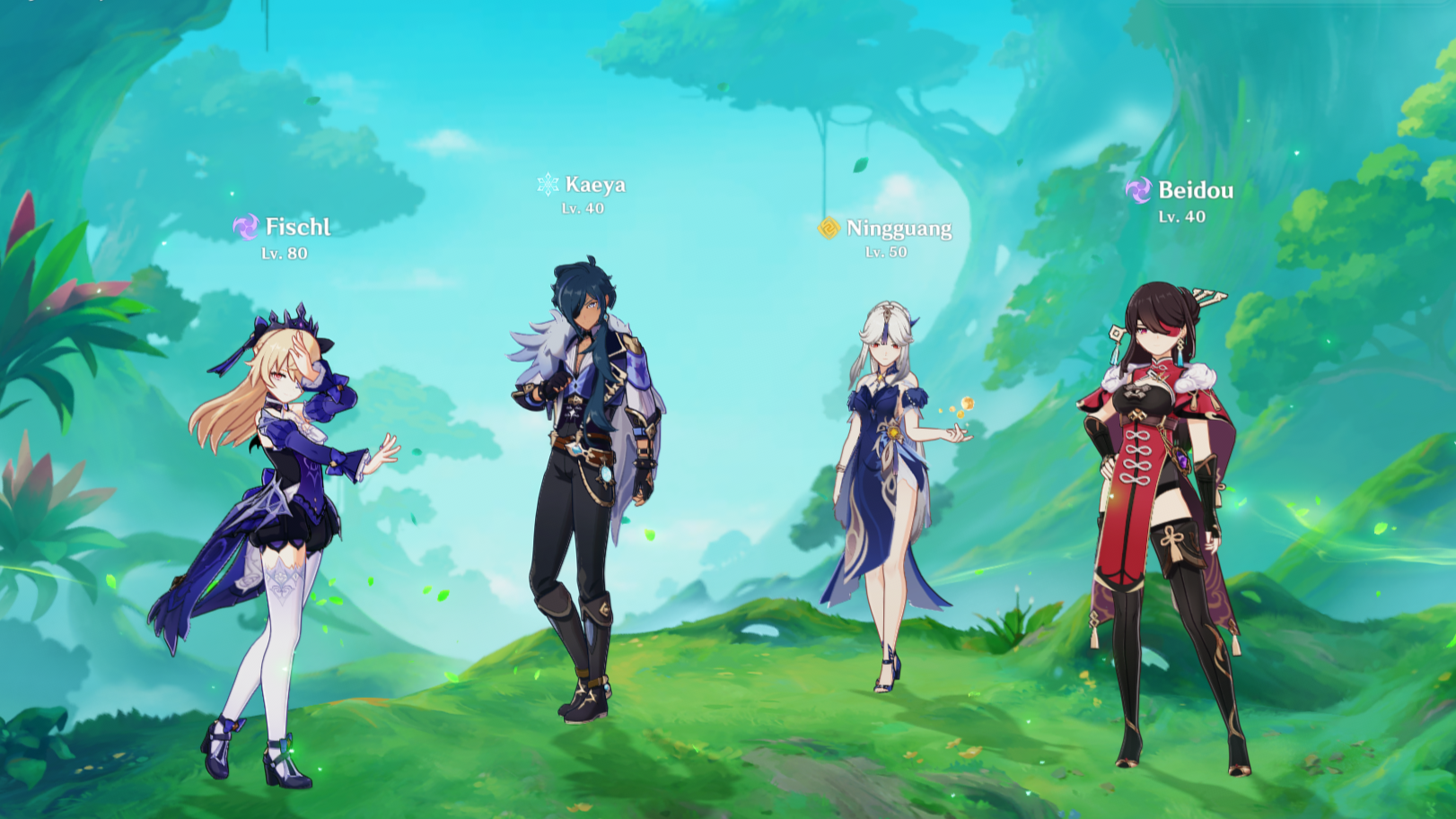 A team setup on the Forest Sumeru background.