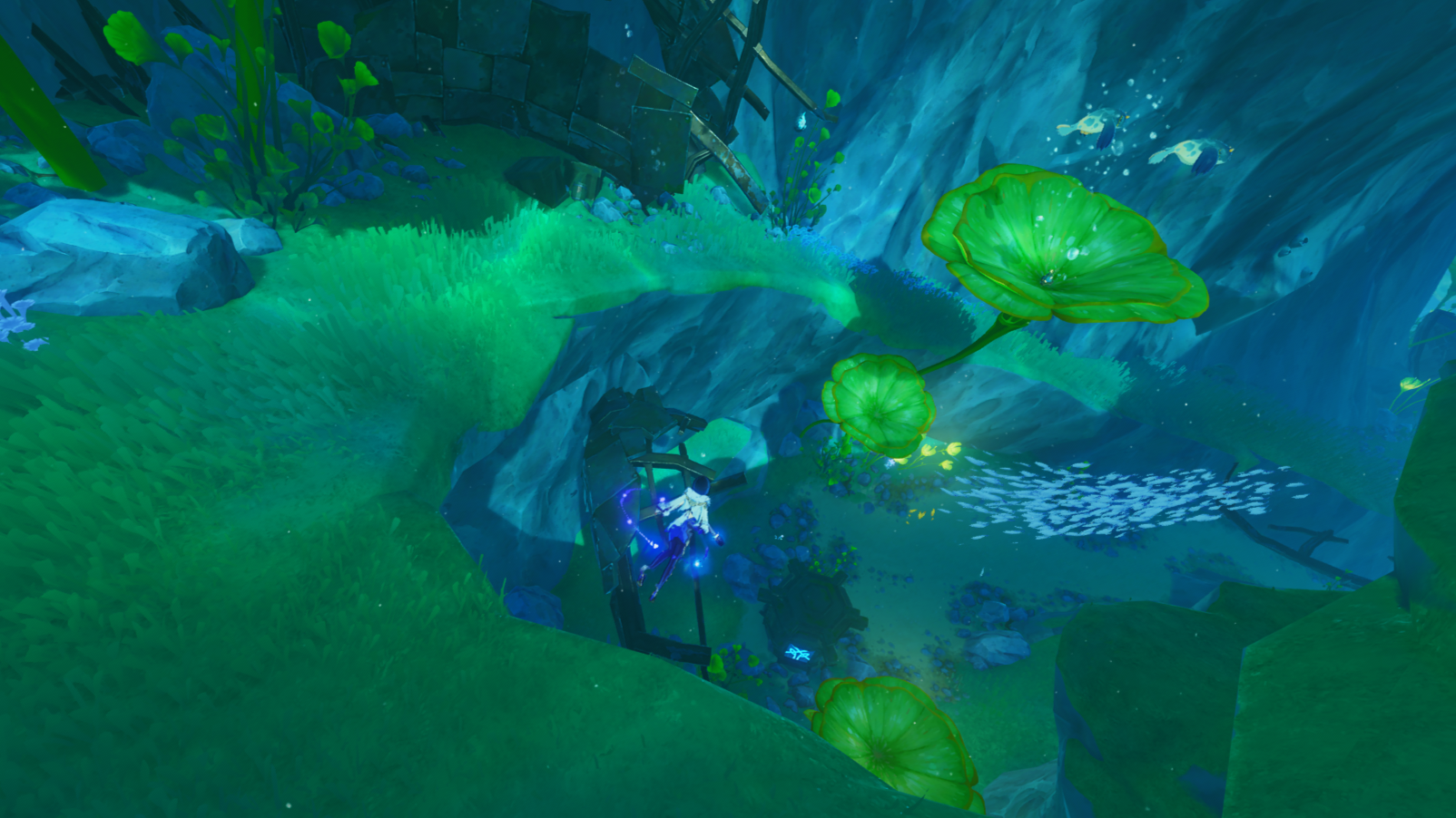 Yelan swimming above an unopened Shrine of Depths underwater.