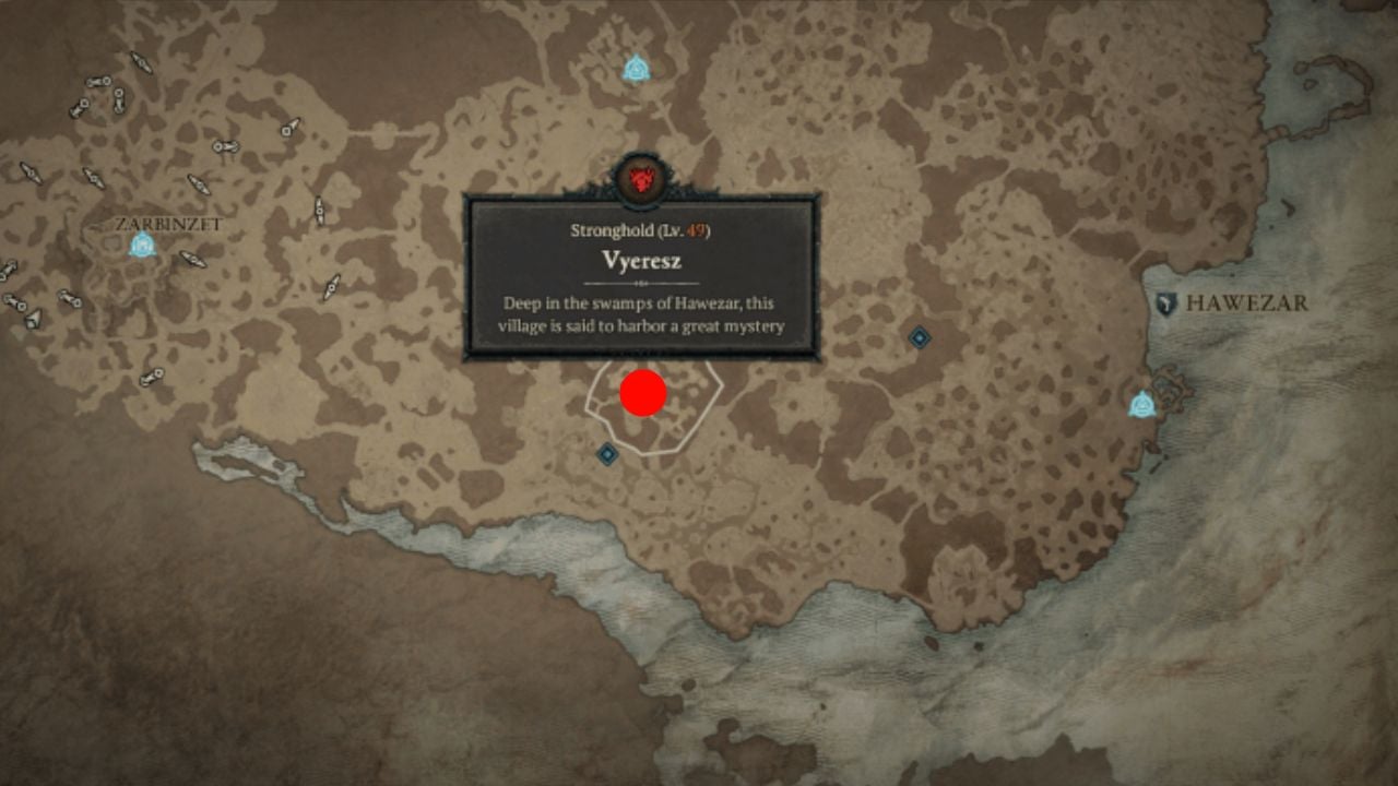 Red dot showing location of Vyeresz in Diablo 4