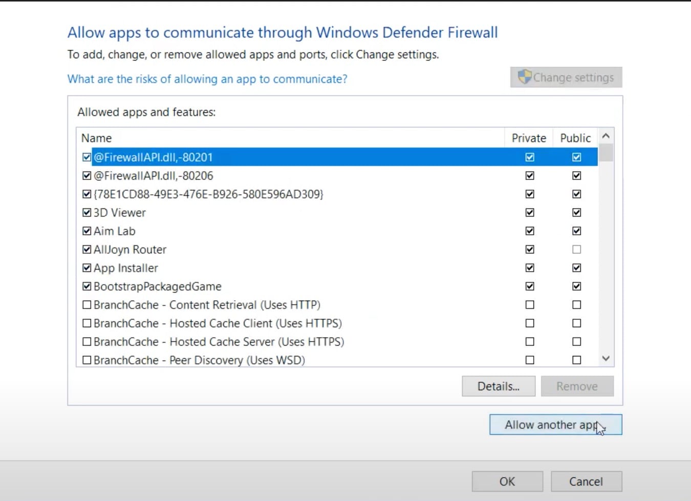 An interface for Windows Firewall, with numerous settings checked.