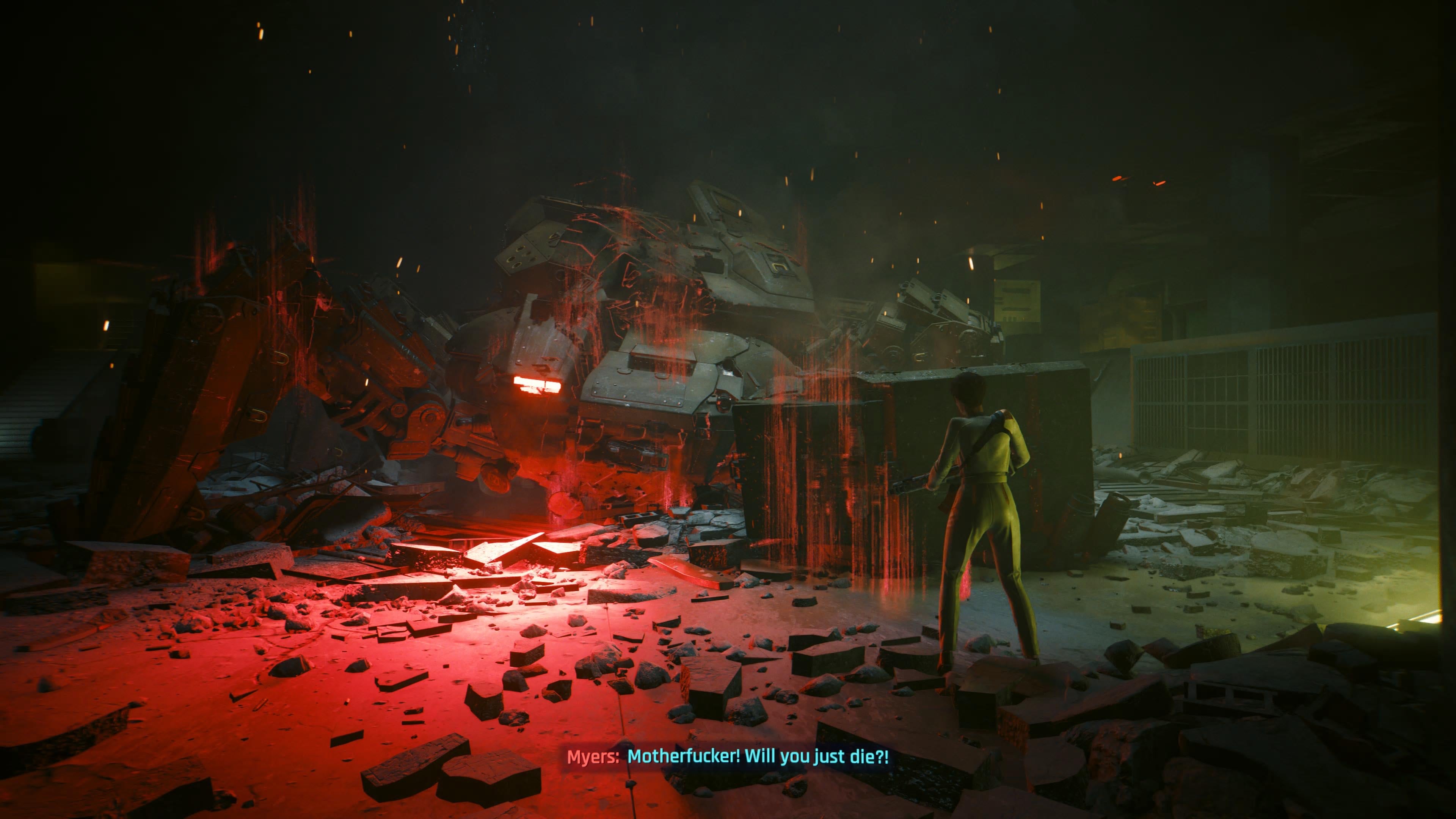 An in game screenshot of President Meyers and the Chimera from the Cyberpunk 2077 DLC Phantom Liberty.