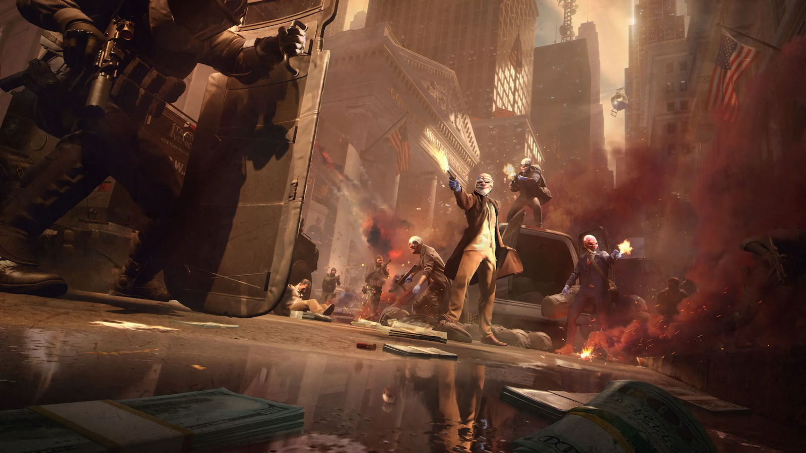 Robbers in a red cloud of smoke shooting at riot shields to escape