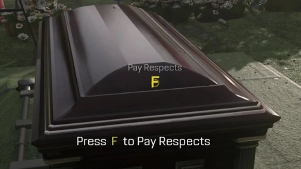 view of the coffin and the prompt on PC saying to press F to pay respects