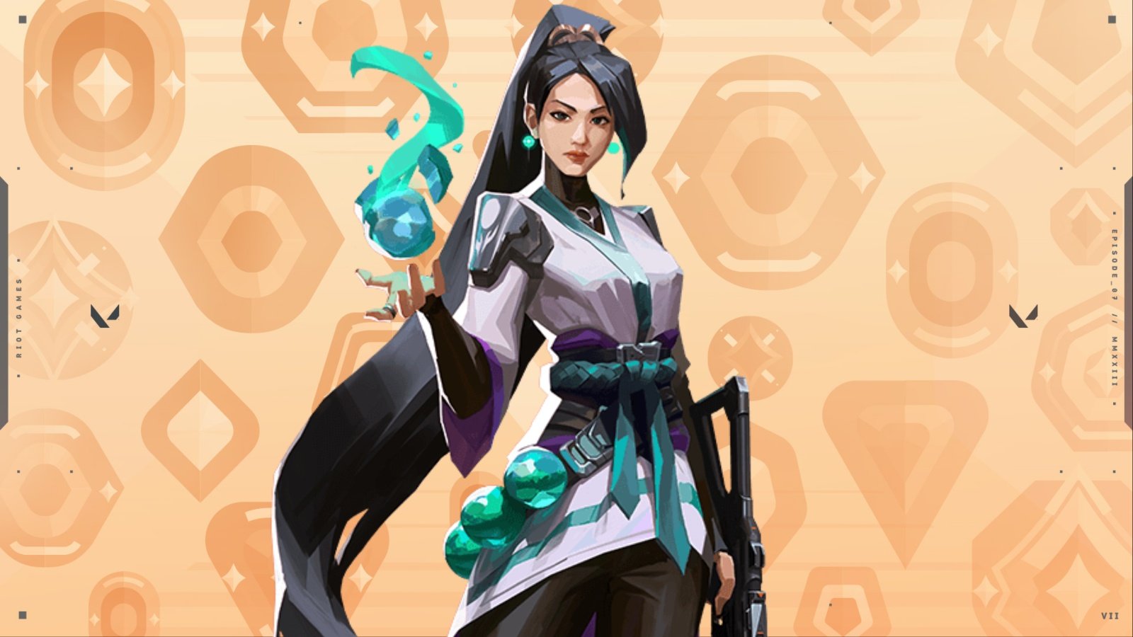 Sage in a background of VALORANT ranks.