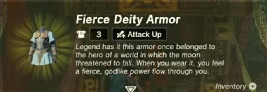 The info for the Fierce Deity Armor in Zelda ToTk. Screenshot via Dot Esports.