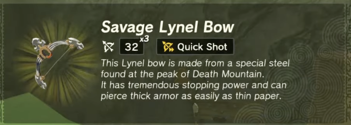 Screenshot of the info for the Savage Lynel Bow from Zelda ToTK.