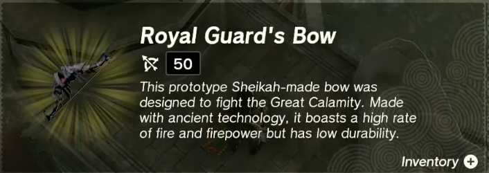 Screenshot of the info for the Royal Guard's Bow from Zelda ToTK.