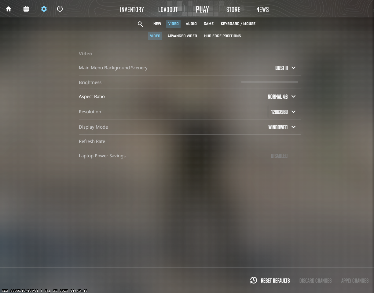 Settings inside CS2 video with display resolution set to windowed