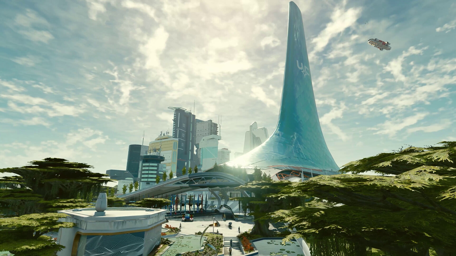 A massive city in Starfield with skyscrapers and flying cars featuring a cloudy backdrop