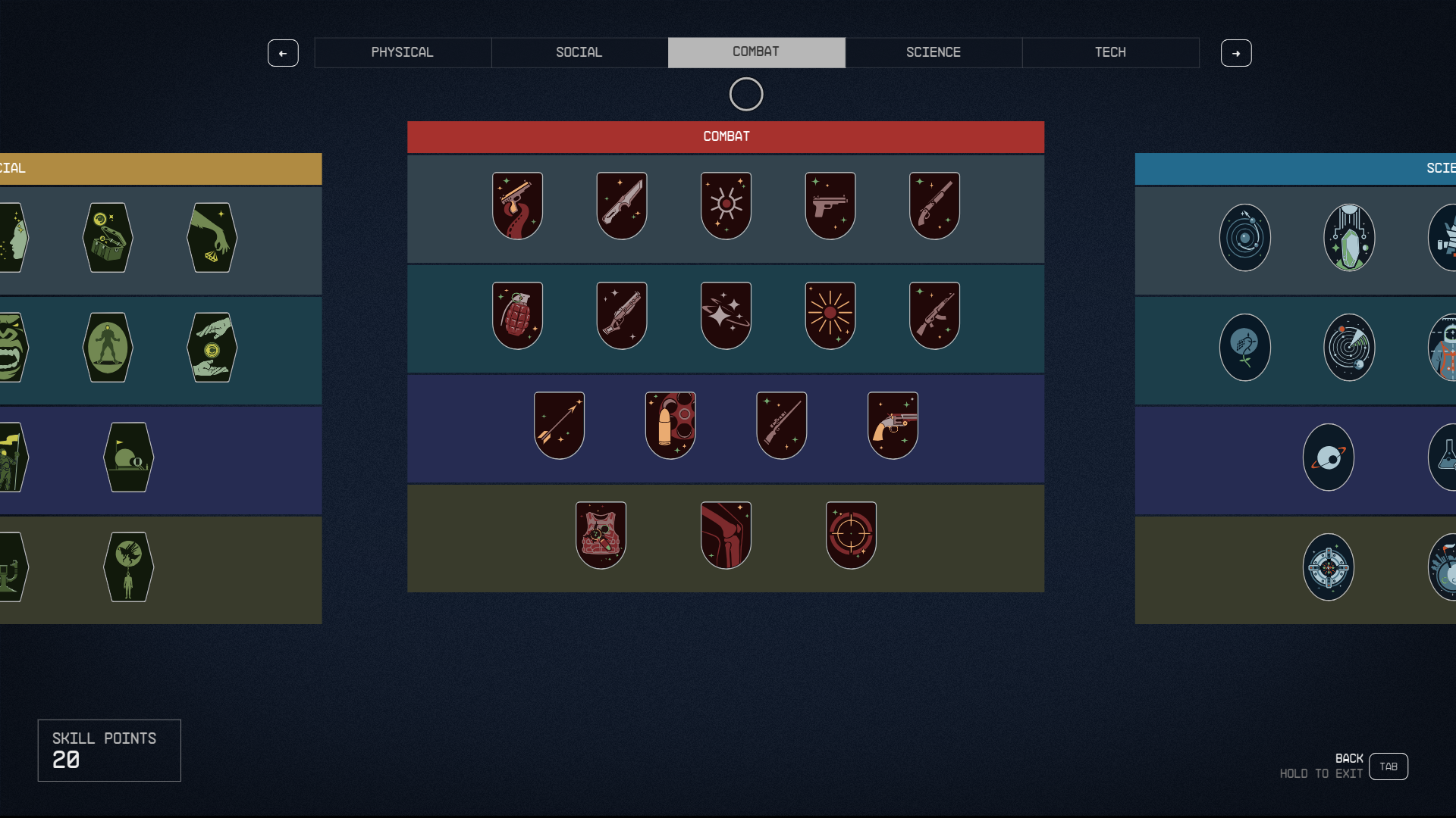 Displays the Skill menu in Starfield.