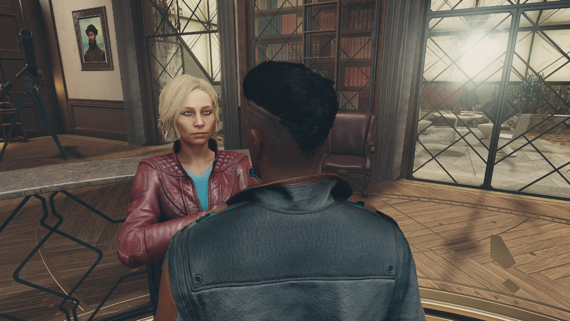 Displays the player in a conversation with Sarah Morgan in Starfield.