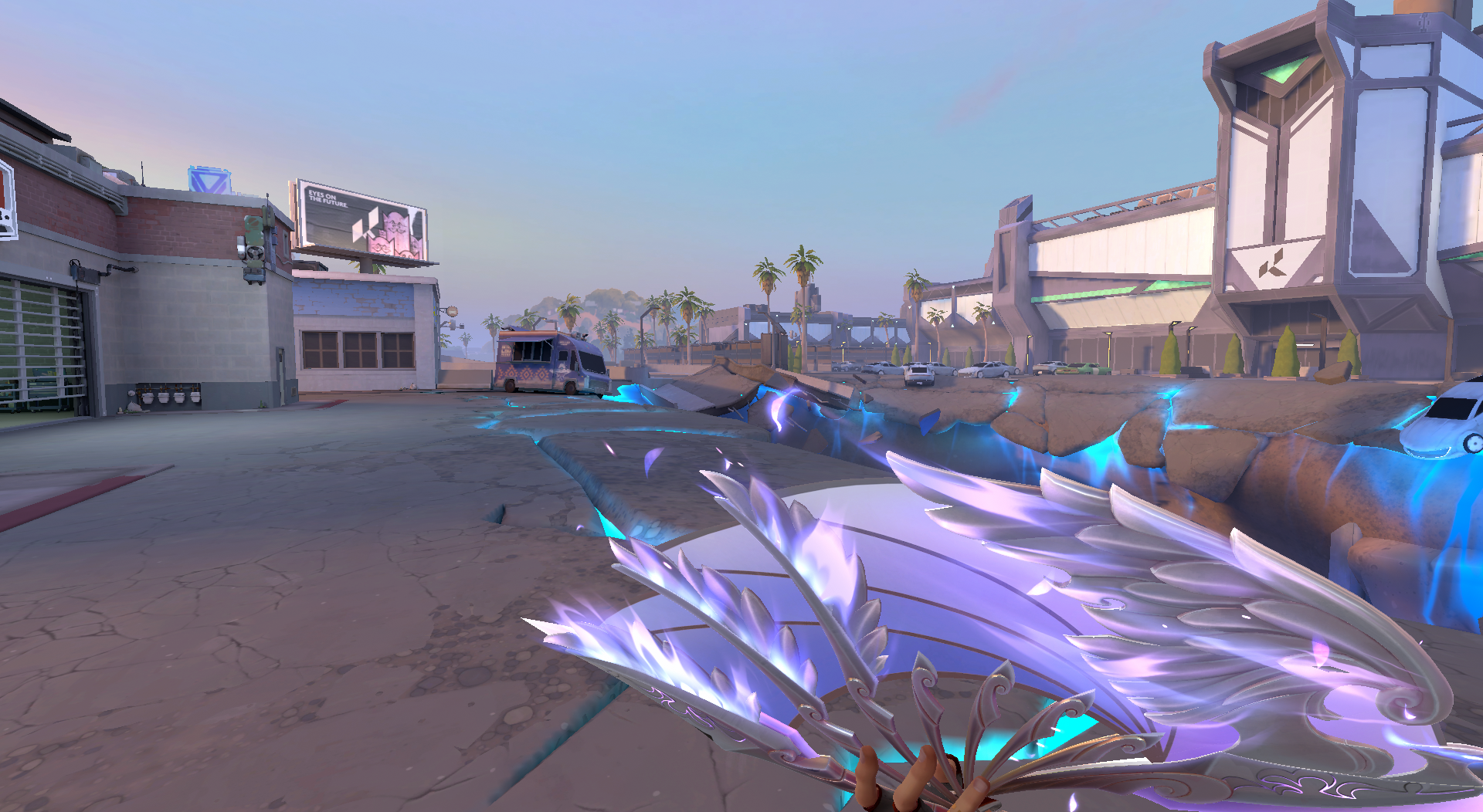 Chamber inspecting a melee skin in Sunset's Defender Spawn.