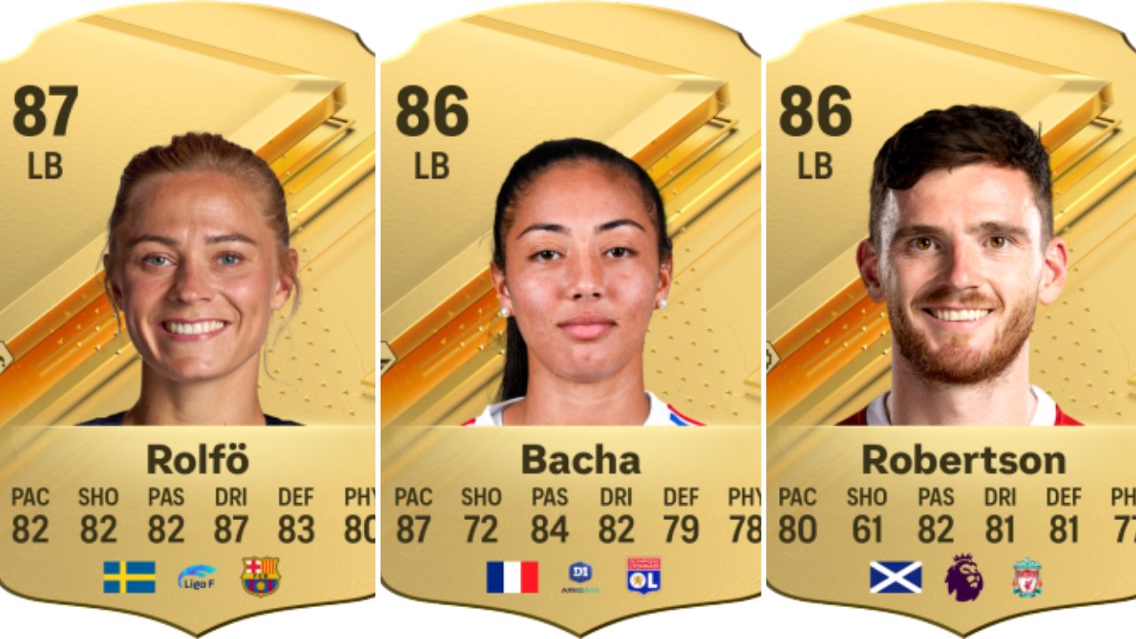 The cards for Fridolina Rolfo, Selma Bacha, and Alex Robertson in EA FC 24.