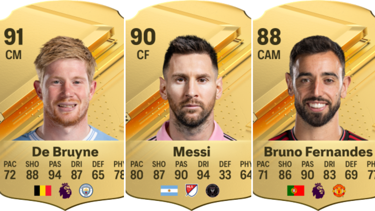 Cards for Kevin De Bruyne, Lionel Messi, and Bruno Fernandes in EA FC 24.
