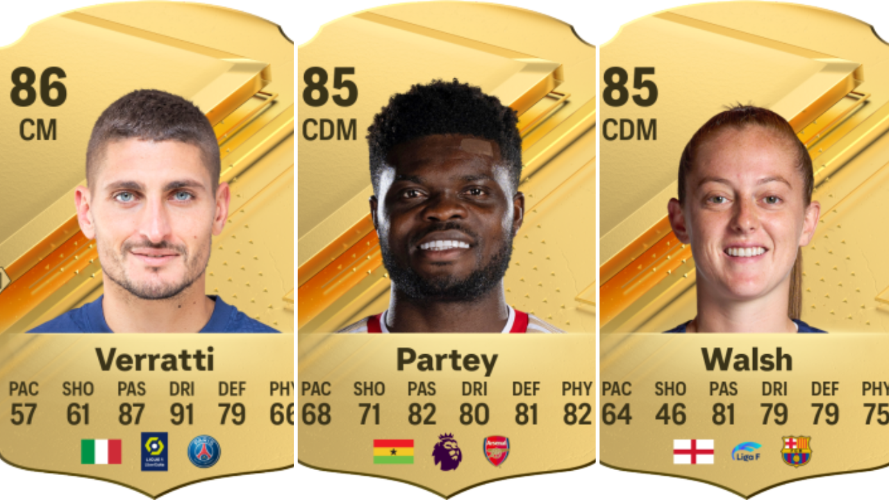 Cards for Marco Verratti, Thomas Partey, and Keira Walsh in EA FC.