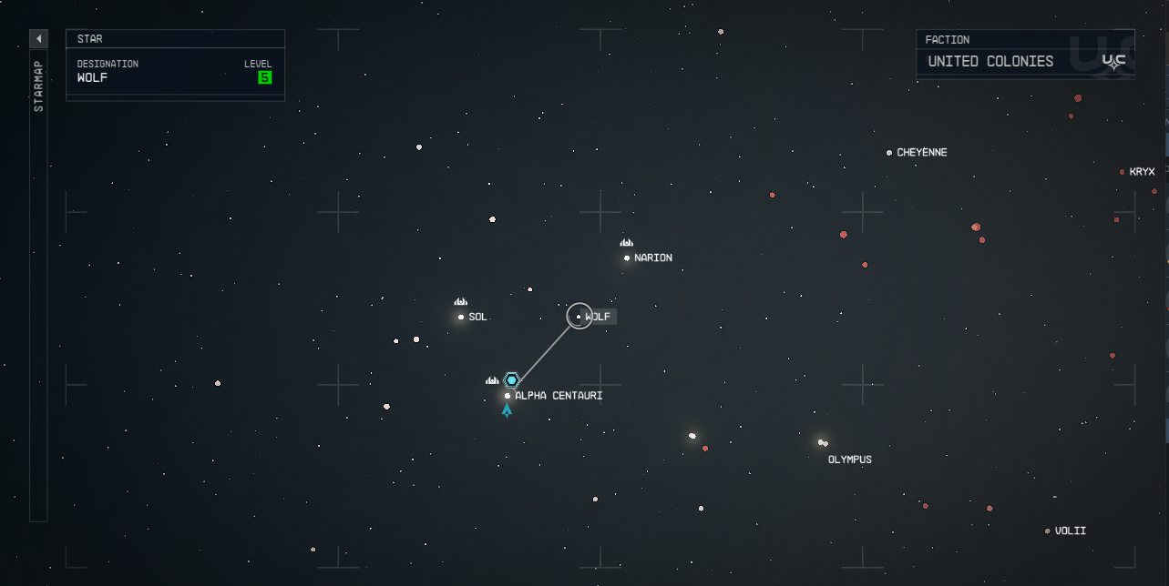 This is a cluster of solar systems with the Wolf System highlighted next to Alpha Centauri in Starfield