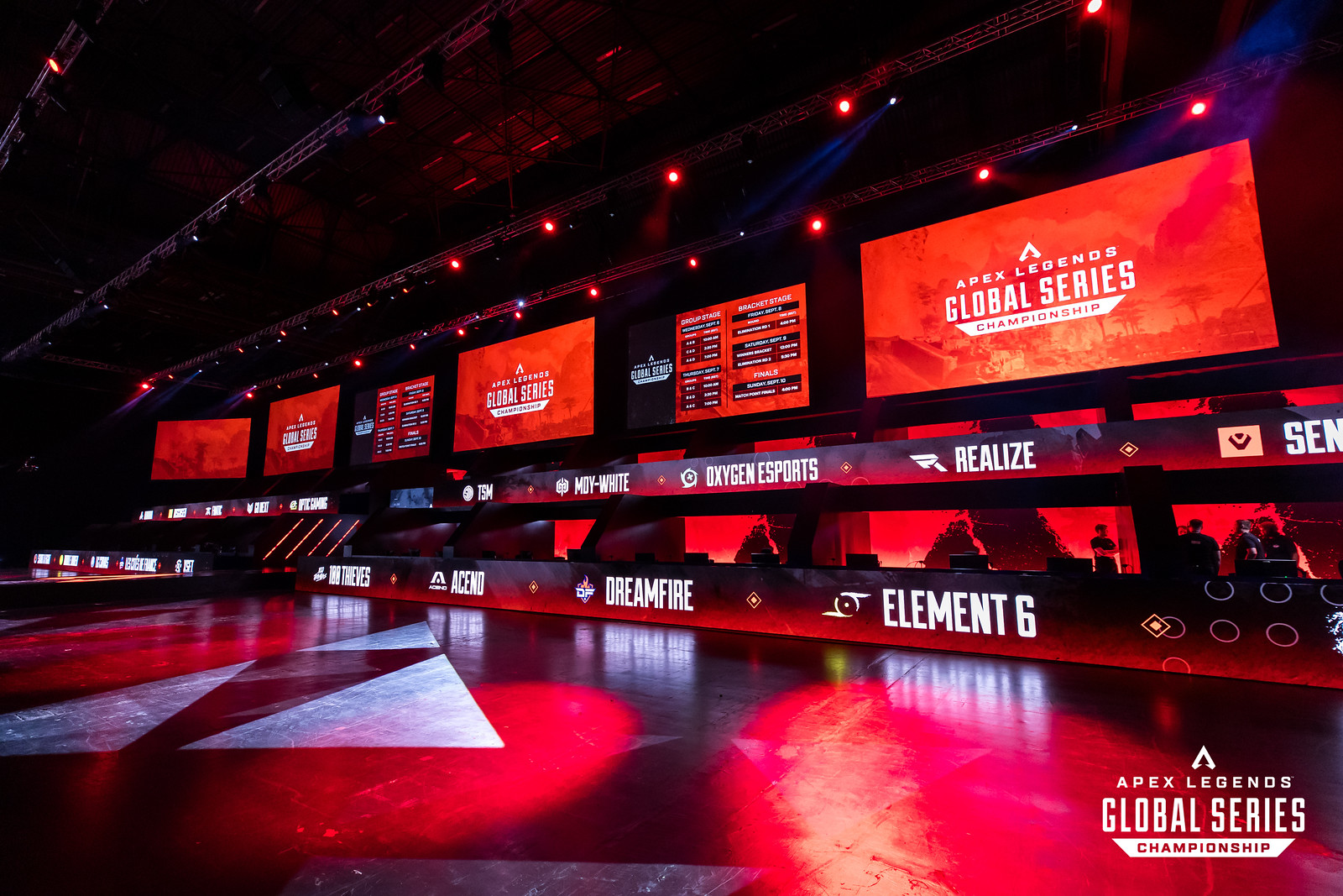 The mainstage of the Resorts World Arena, in front of each team's designated area.