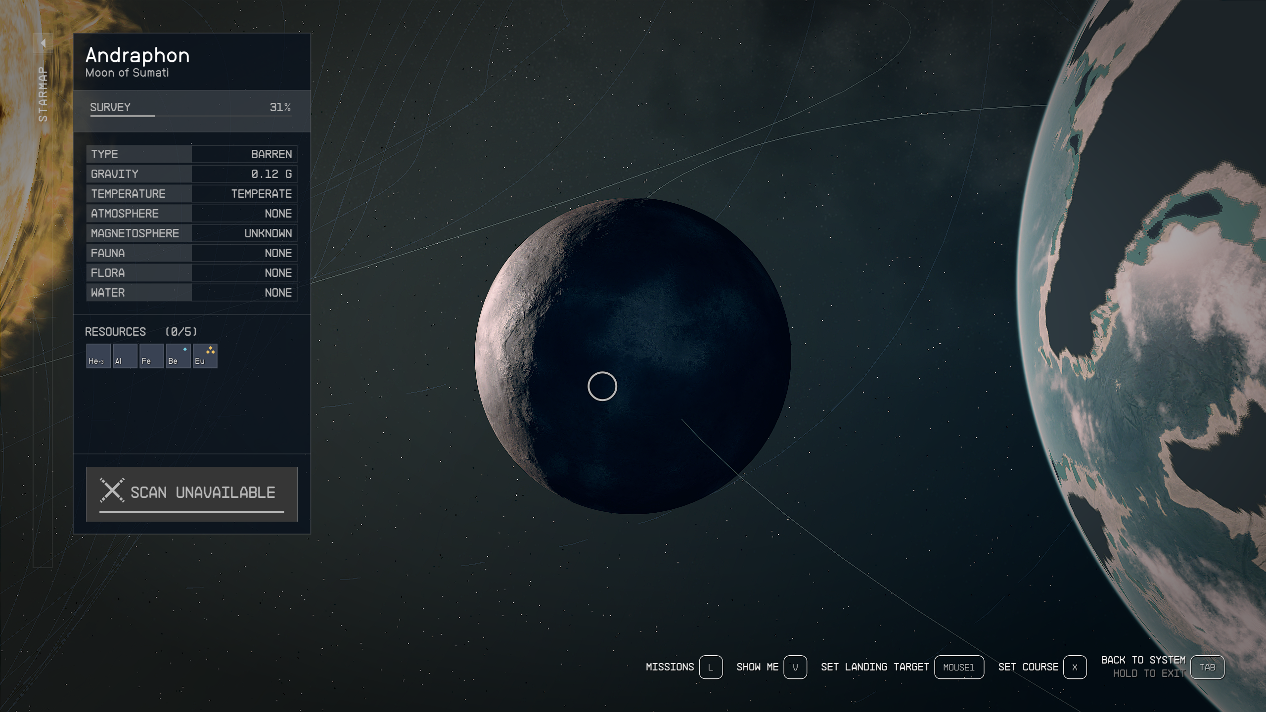 The galaxy map of Andraphon, a small rocky moon sandwiched between a planet and a sun.