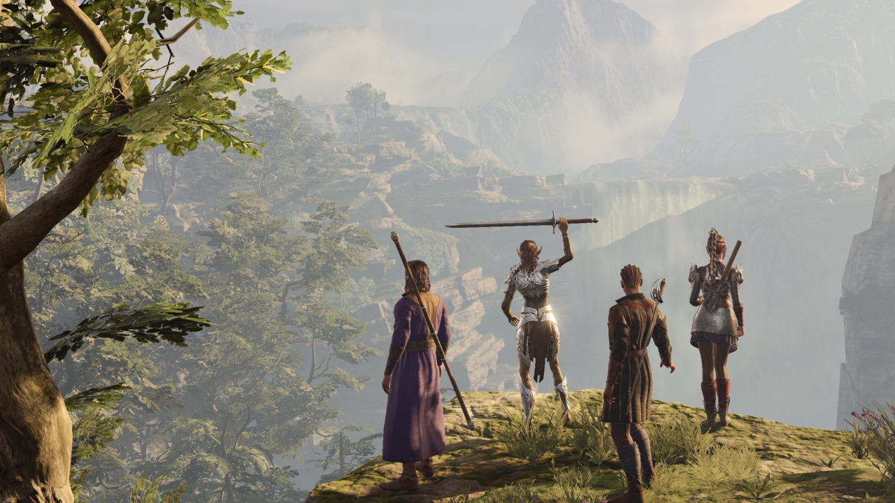 Lae'zel, Gale, Wyll, and Shadowheart—a party of adventurers—stand on a cliff overlooking a valley in BG3.