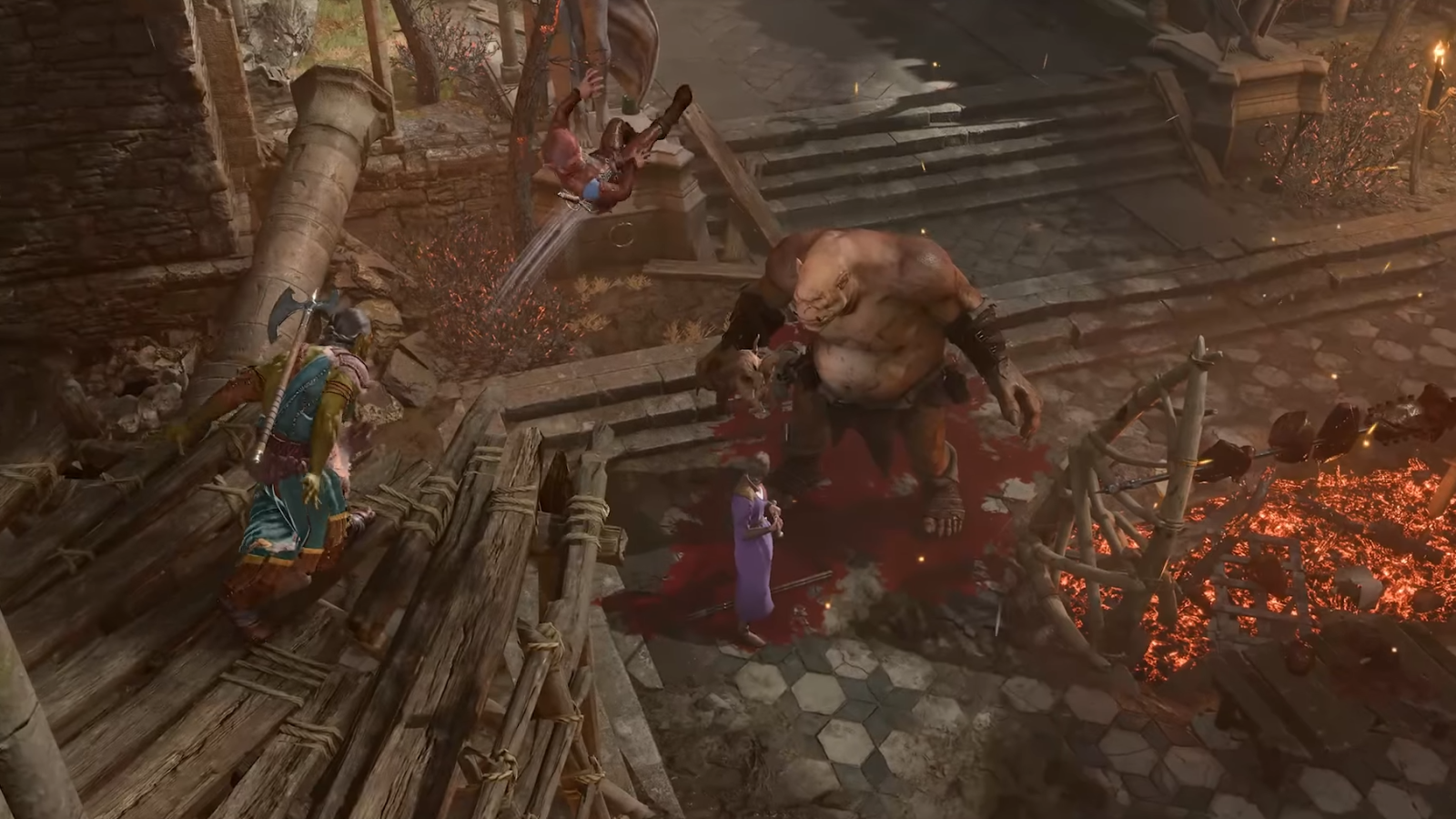 A Barbarian throws a Halfing at an Ogre in Baldur's Gate 3, narrowly missing Gale.