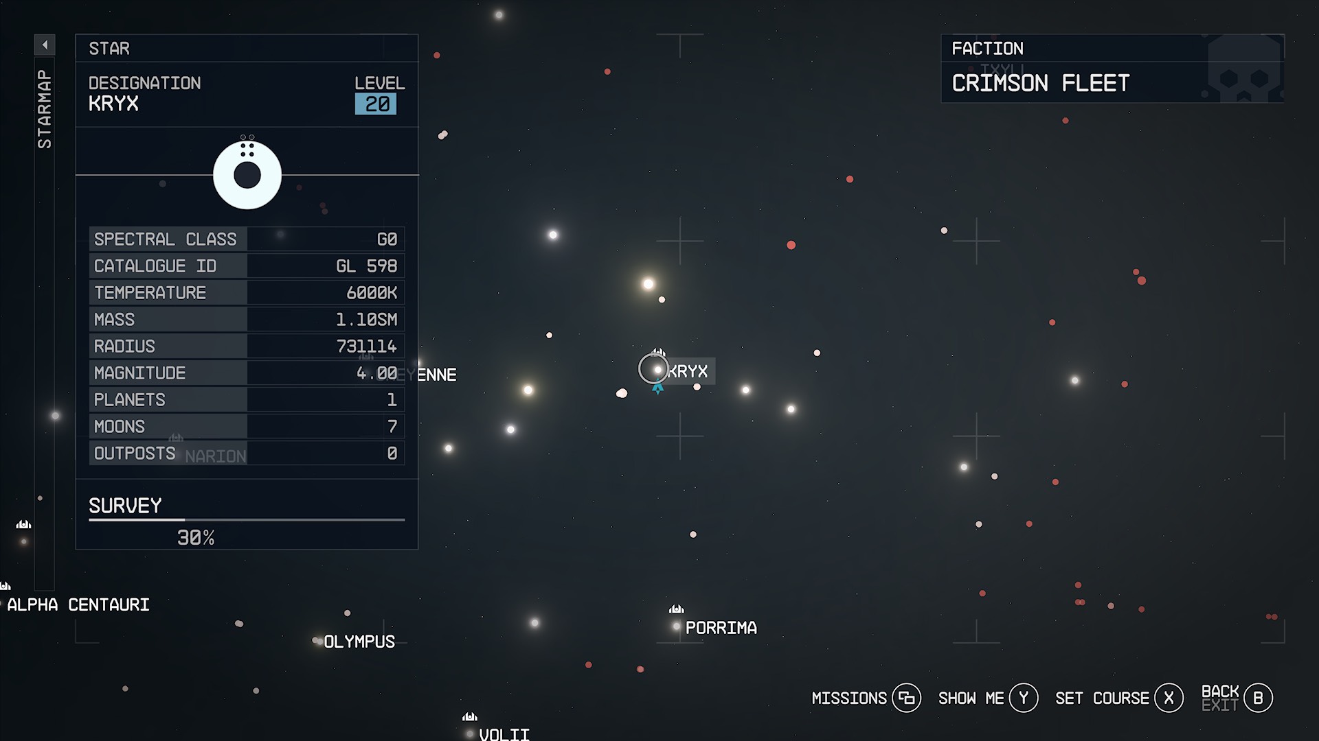 A screenshot of the Kryx system as it appears in the Starfield starmap