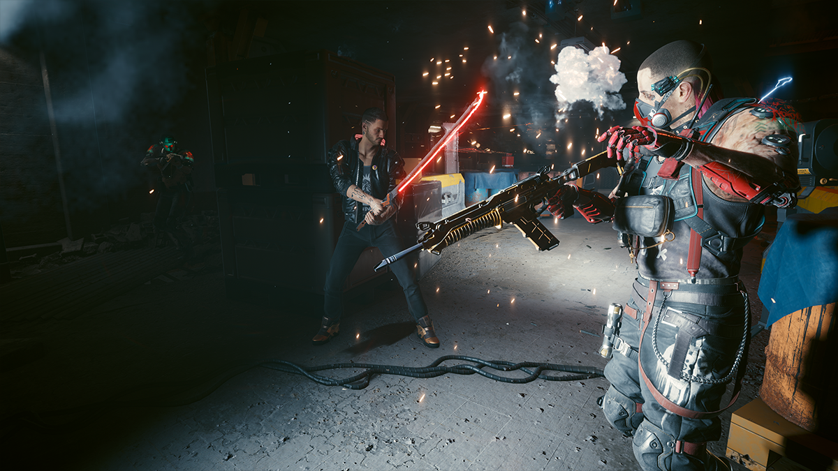 Screenshot of a bladed assailant attacking in Cyberpunk 2077.