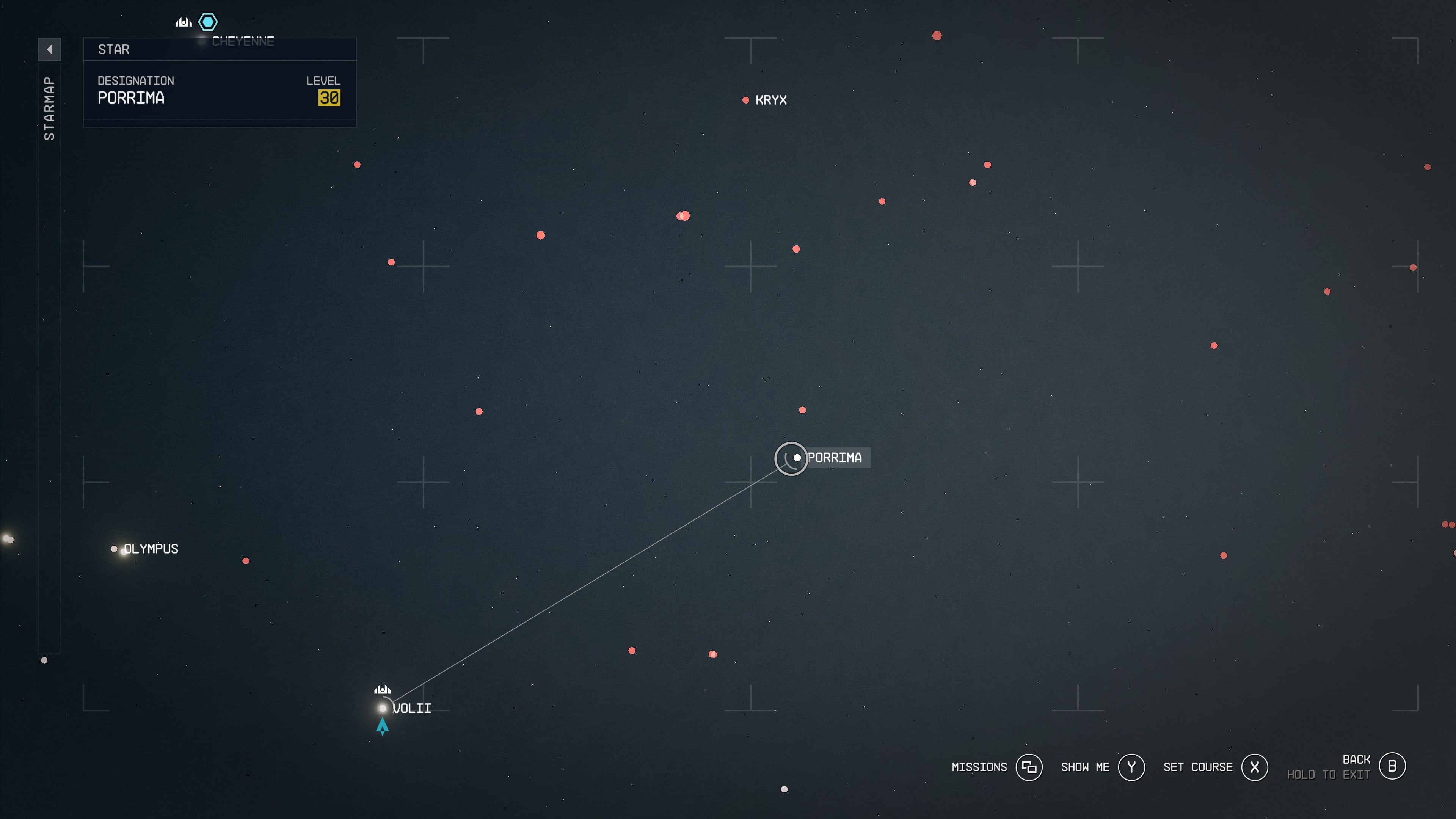 An in-game shot of the starmap surrounding the Porrima star system on the star map in the sci-fi game Starfield.