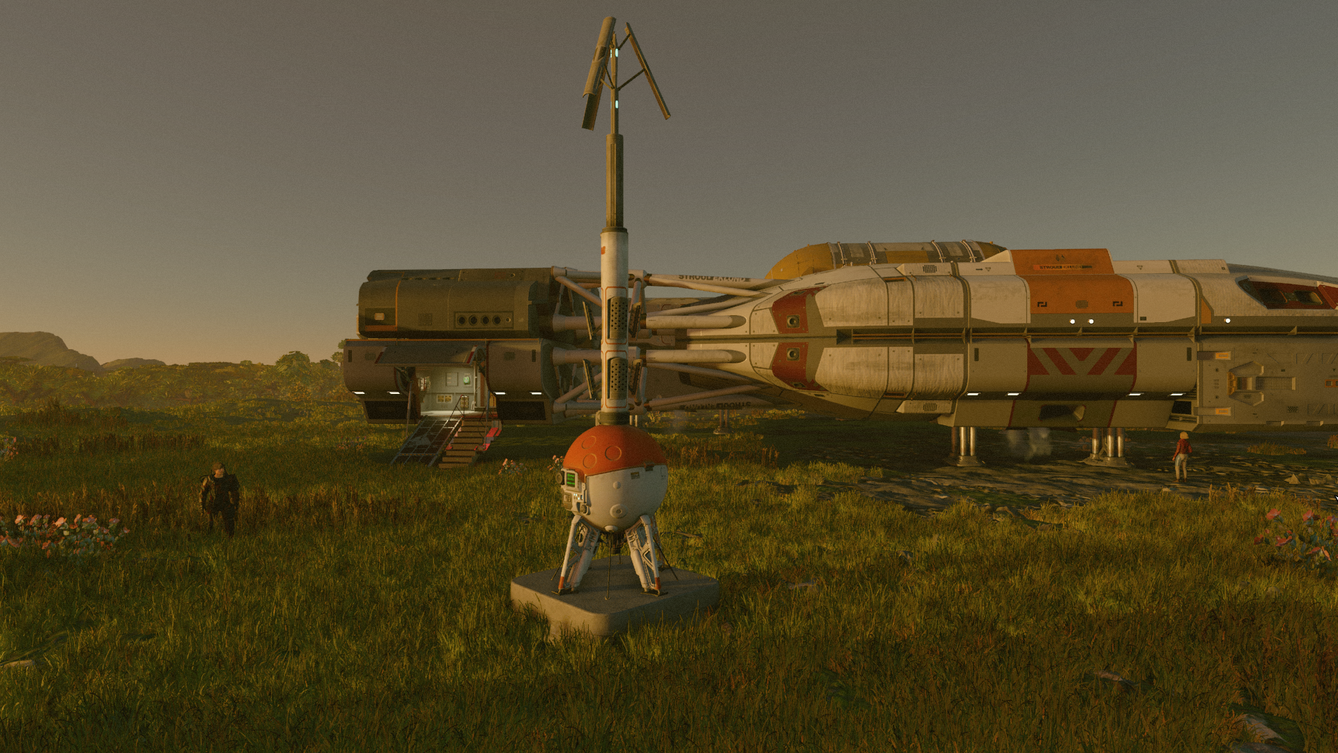 Image of an Outpost beacon on a grassy plain, just in front of a hulking space ship.