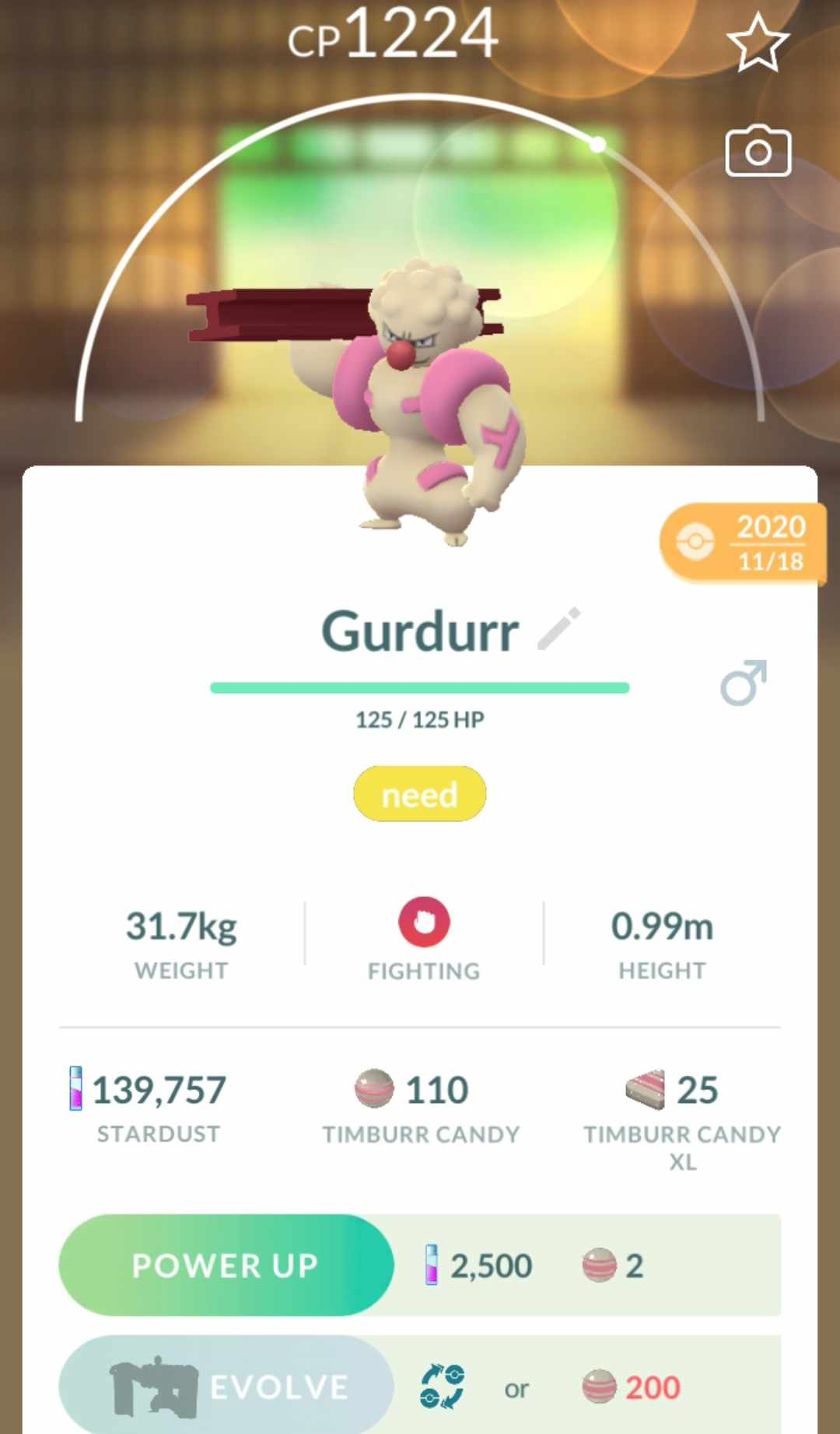 Gurdurr's page showing its stats on Pokémon Go.