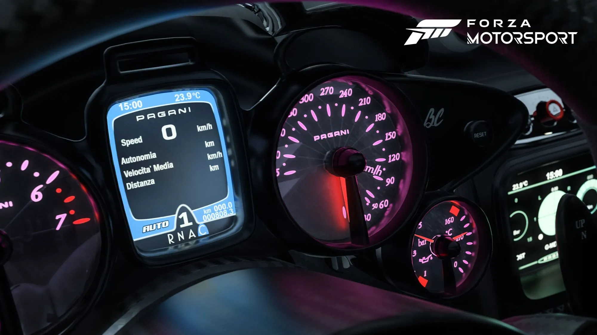 A closeup of a Pagani car dashboard with blue and pink lights. The Forza Motorsport logo is on the upper right conner of the image.