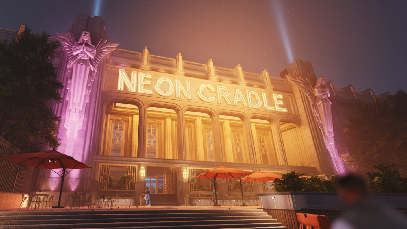 Displays the entrance to Neon Cradle, a nightclub in Payday 3.