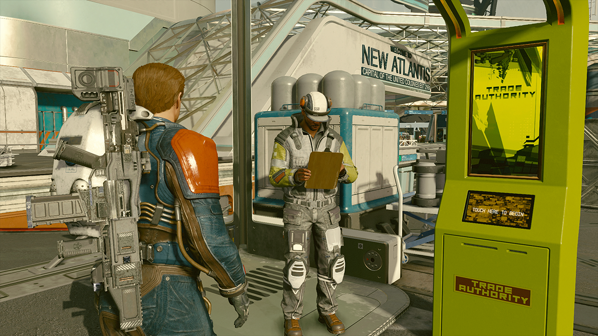 A ship technician reads from a clipboard in a spaceport in Starfield.