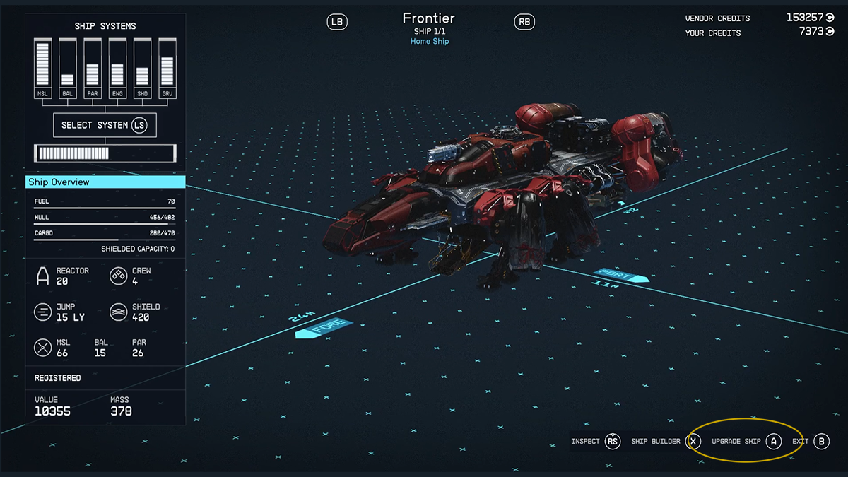 A ship building menu from Starfield.