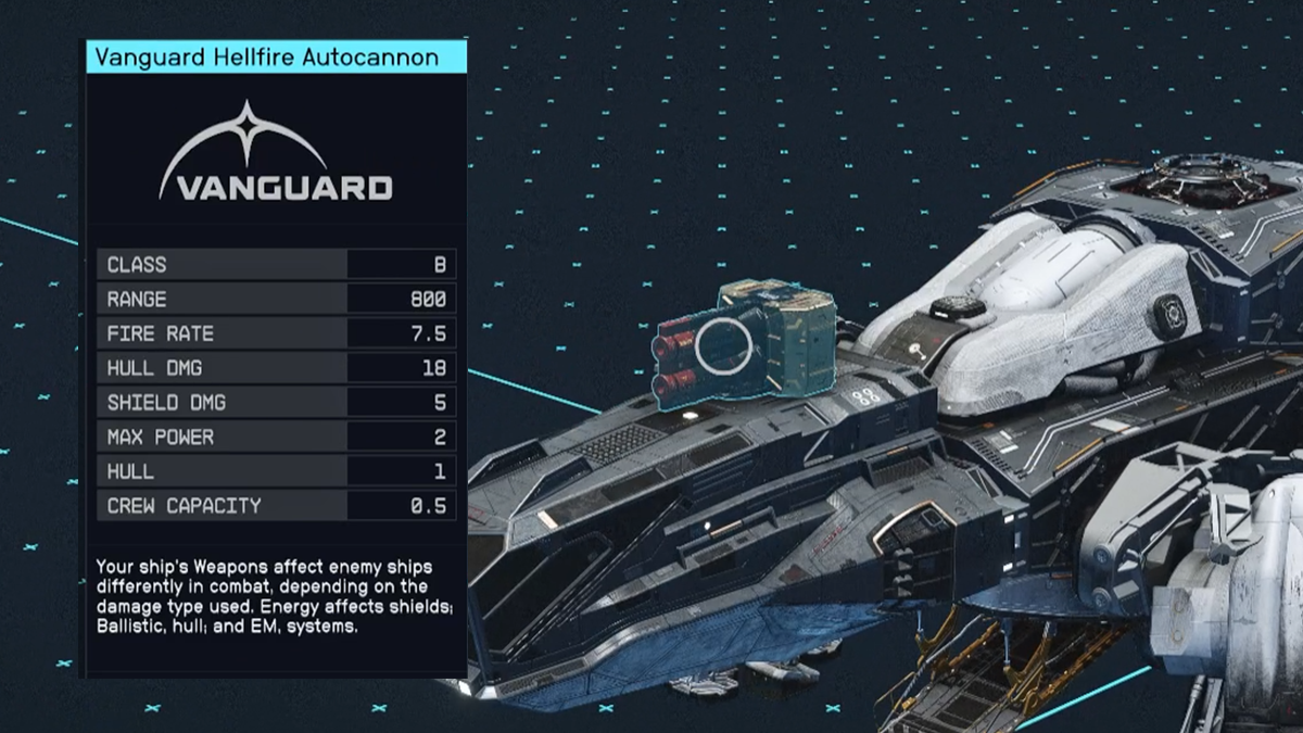 A ship weapons menu from Starfield.