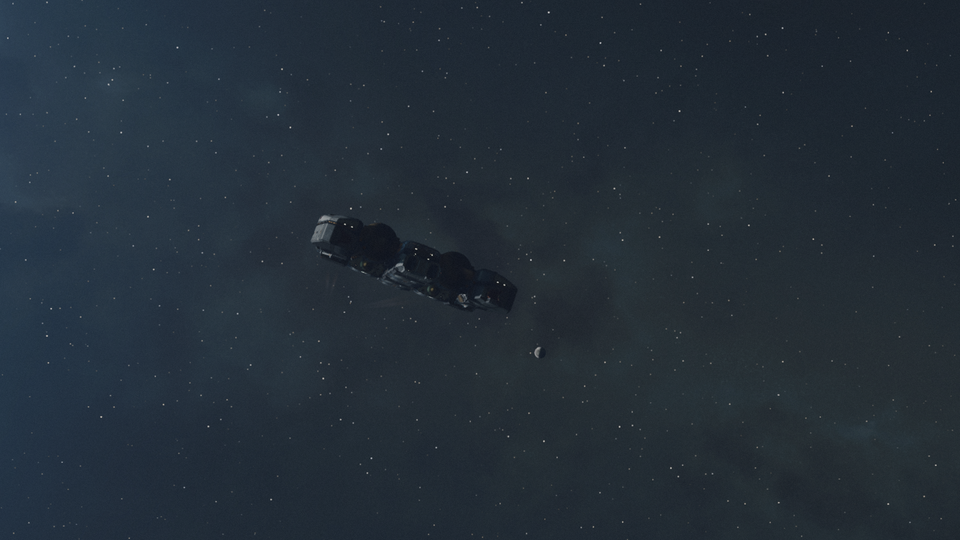 Image of a space ship in the depths of space, making way to a distant moon.