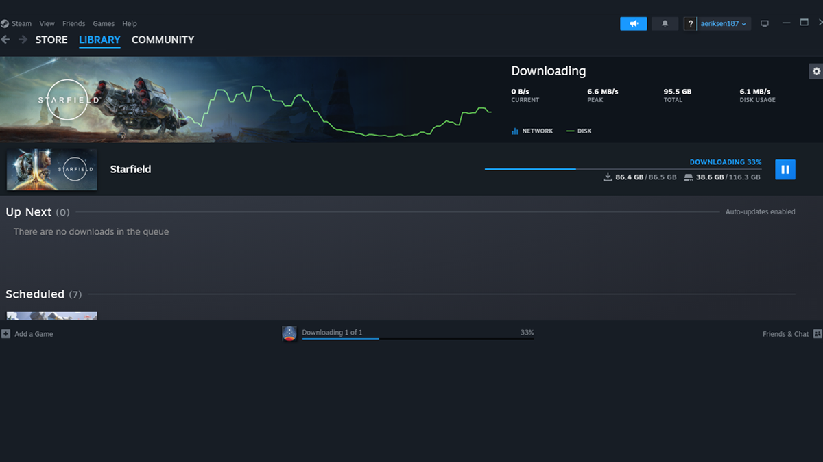 A download screenshot on Steam, with the progress bar for Starfield displayed.