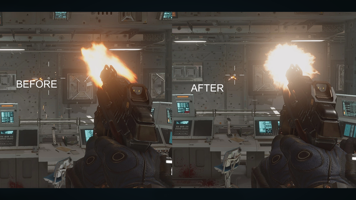A side by side comparison of a pistol being fired in Starfield. 