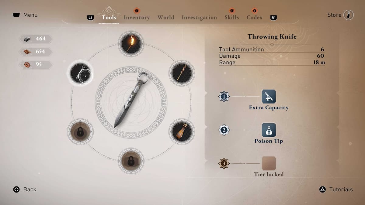 the tool screen in assassin's creed mirage showing throwing knives, a blow dart, and smoke bombs